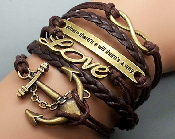 Anchor Love Motto Infinity Bracelet Brown Wax Cord Brown Braided Leather Antique Bronze Cute